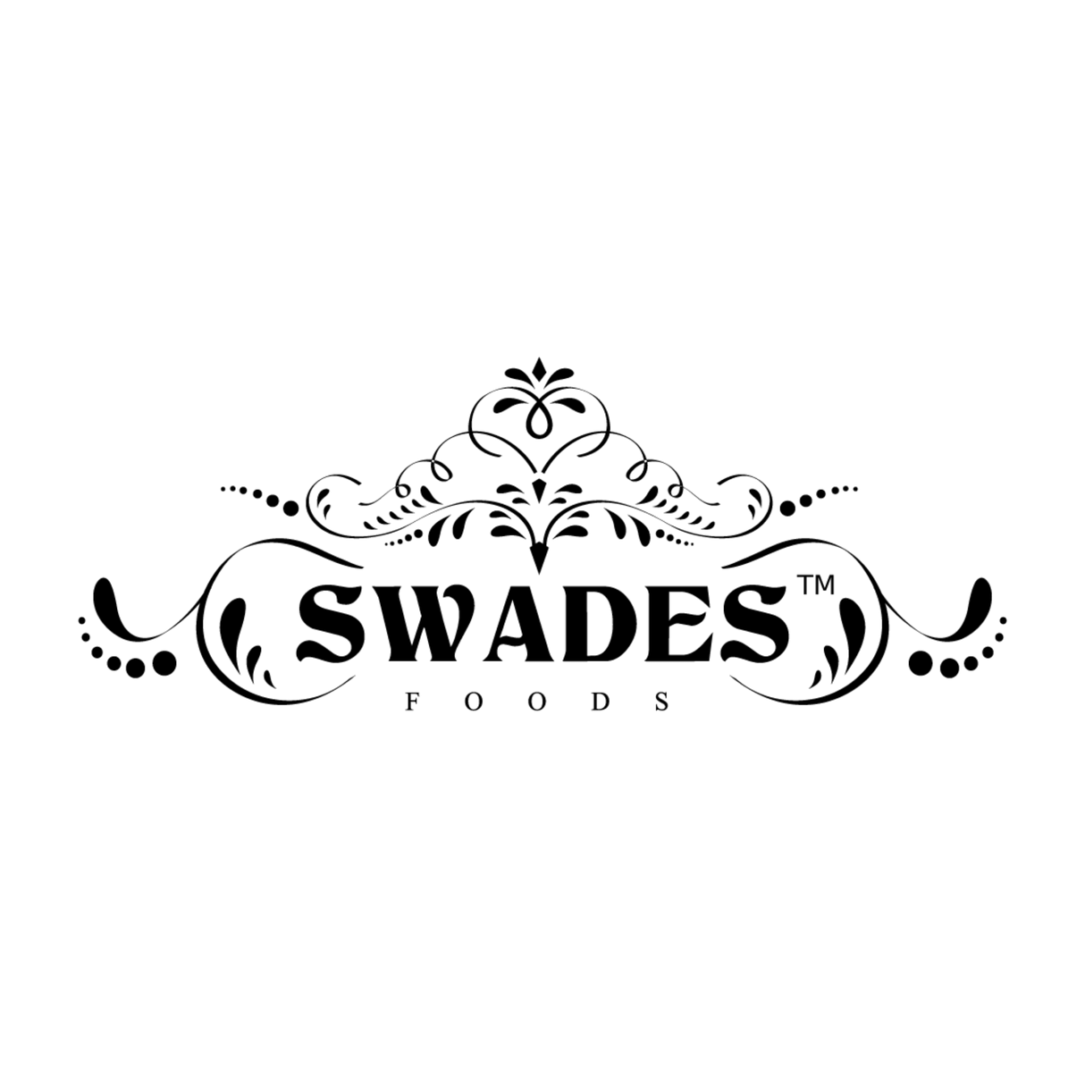 The black and white logo for Swades Foods, featuring an ornate decorative crest above the brand name in a bold serif font, with 'FOODS' written in smaller capital letters underneath, all on a solid white background.