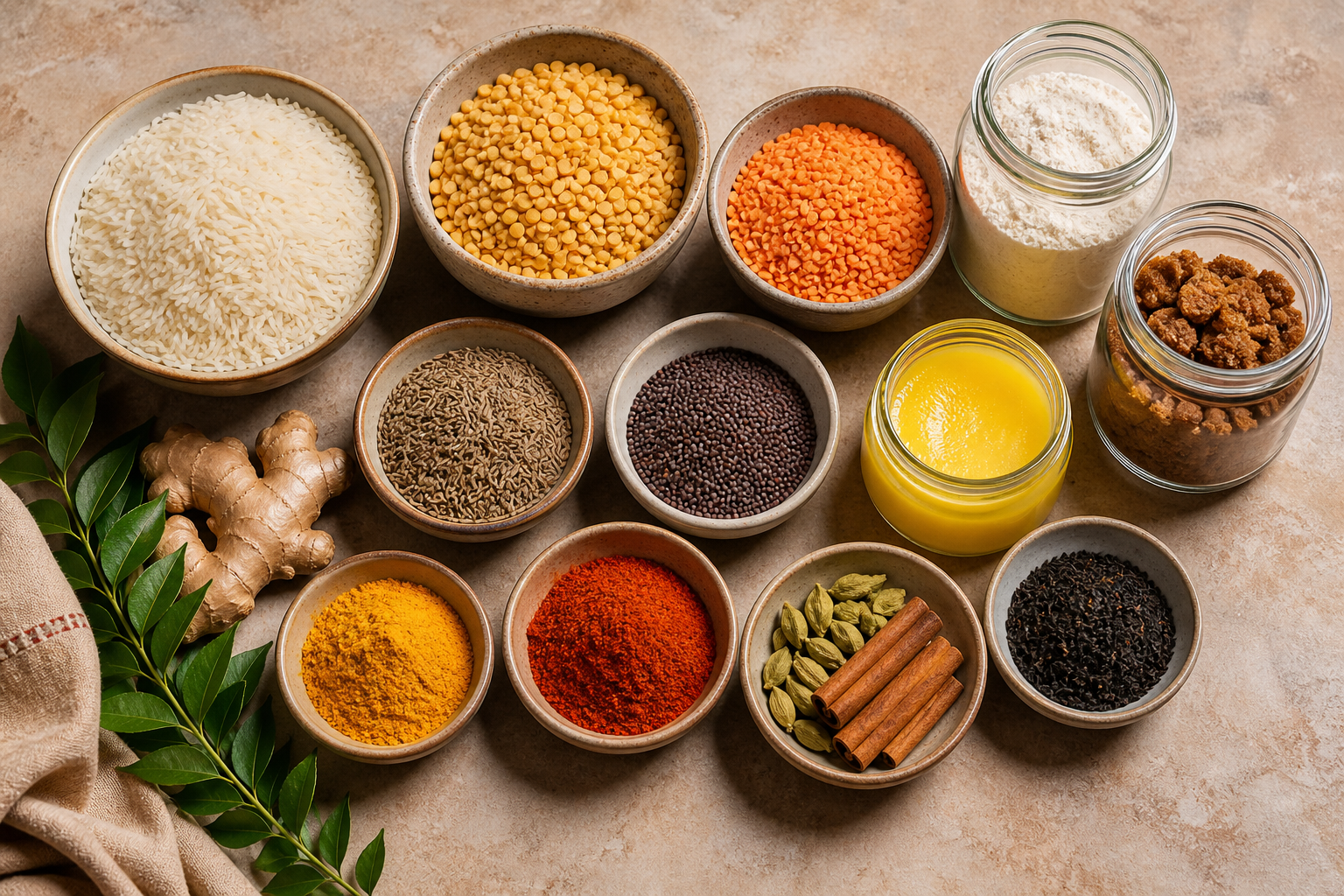 Indian pantry essentials including rice, lentils, spices, ghee, jaggery and tea