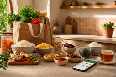 Indian groceries arranged beside an online shopping phone for the Swades Foods website launch