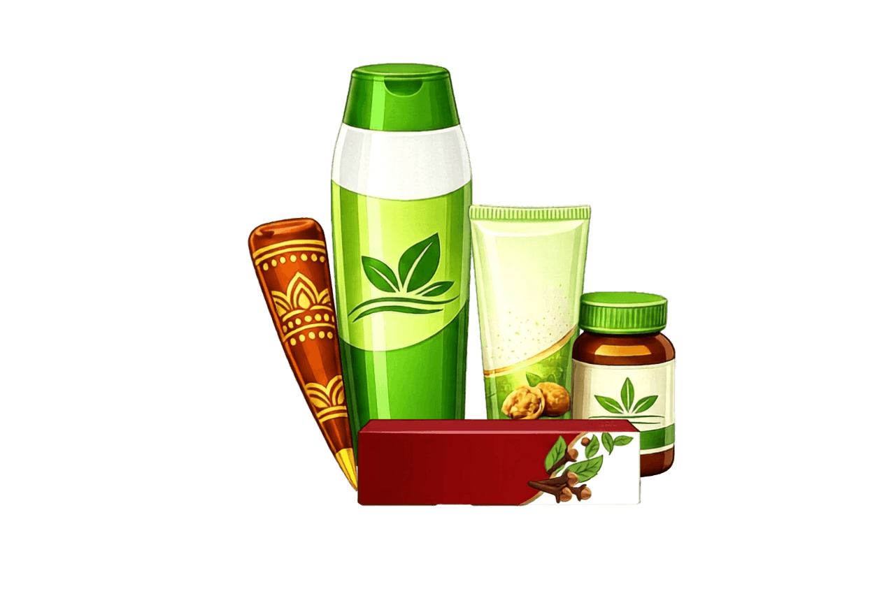 A group of natural skincare and hair care products arranged together on a white background, including a tall green bottle with a leaf logo, a tube of cream, a small jar, a red rectangular box, and a decorative orange and gold applicator.