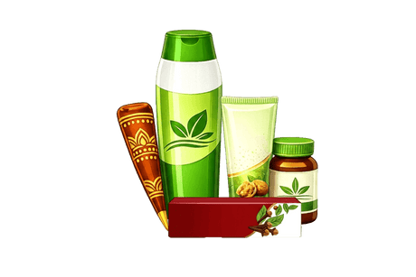 A group of natural skincare and hair care products arranged together on a white background, including a tall green bottle with a leaf logo, a tube of cream, a small jar, a red rectangular box, and a decorative orange and gold applicator.