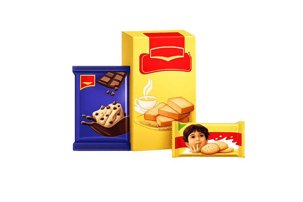 Three packaged snack products arranged on a plain white background: a tall yellow box with red graphics and cookie imagery, a blue chocolate chip cookie packet, and a yellow-and-red wrapped biscuit snack with a child illustration.
