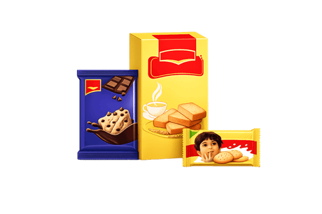 Three packaged snack products arranged on a plain white background: a tall yellow box with red graphics and cookie imagery, a blue chocolate chip cookie packet, and a yellow-and-red wrapped biscuit snack with a child illustration.
