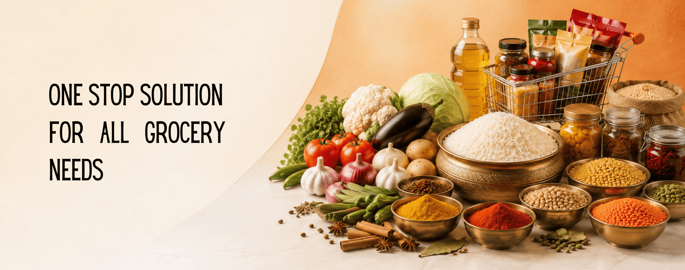 A promotional banner for a grocery store, featuring a collection of fresh and packaged foods including rice, lentils, spices, vegetables, and bottled liquids on the right, with text on the left reading 'ONE STOP SOLUTION FOR ALL GROCERY NEEDS'.