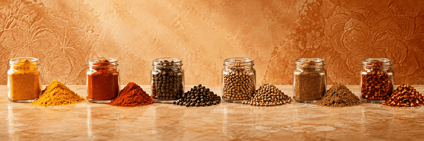 Six clear glass jars filled with whole spices arranged on a marble surface, with matching ground spice piles in front of them, set against a warm textured orange-brown background.