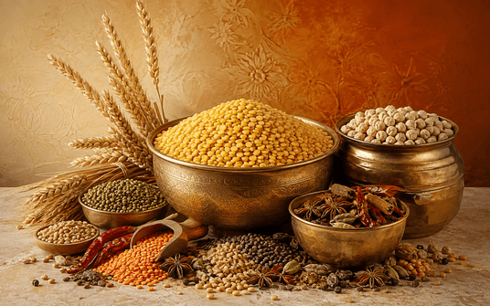 A styled still life of various whole grains, legumes, and spices arranged in rustic brass bowls on a stone surface against a warm textured orange-brown background. Visible items include yellow lentils, white chickpeas, green peas, red lentils, coriander seeds, star anise, and dried red chilies.