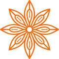An orange geometric floral emblem or logo on a solid white background.