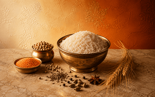 A large brass bowl filled with white rice sits on a stone surface, surrounded by smaller brass bowls containing lentils, chickpeas, whole spices, star anise, and wheat stalks against a warm textured background.