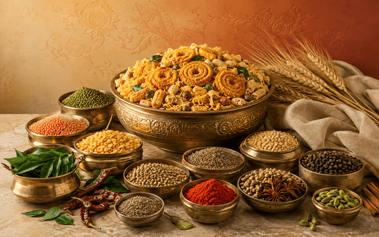 A large ornate brass bowl filled with golden fried dough rolls and peanuts, surrounded by small brass bowls of spices, lentils, green chilies, curry leaves, and wheat stalks on a rustic table.
