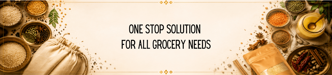 A promotional banner with the text 'ONE STOP SOLUTION FOR ALL GROCERY NEEDS' centered on a cream background, surrounded by food ingredients and packaged goods including grains, spices, lentils, and a drawstring sack.