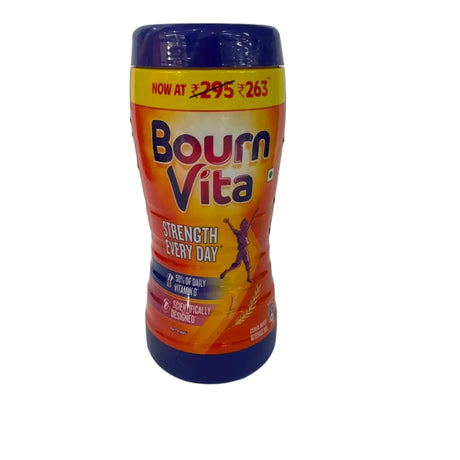A bottle of Bourn Vita Strength Every Day cold and flu remedy, featuring a purple cap and a vibrant orange and yellow label, set against a plain white background.
