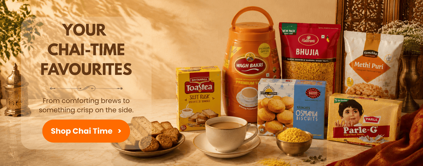 A promotional collage for chai-time snacks and tea on a warm beige background. Visible products include a bag of Mogh Baazi chai, a box of Toaftea tea, a bag of Bhujia, a bag of Metli Puri, and a box of Parle-G, alongside cookies, a cup of tea, and a bowl of yellow powder.