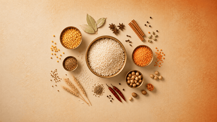 A styled flat-lay of various whole grains, legumes, spices, and herbs arranged symmetrically on a textured beige background. The central bowl contains white rice, surrounded by bowls of lentils, soybeans, chickpeas, barley, and spices like cinnamon, star anise, bay leaves, and red chilies.
