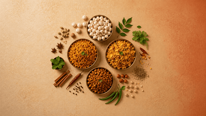 Four bowls of different Indian lentil dishes arranged in a circular pattern on a textured beige background, surrounded by whole spices, herbs, and green chilies.