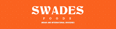 Orange square graphic with the text 'SWADES FOODS' in large white letters and 'INDIAN AND INTERNATIONAL GROCERIES' below in smaller white text.